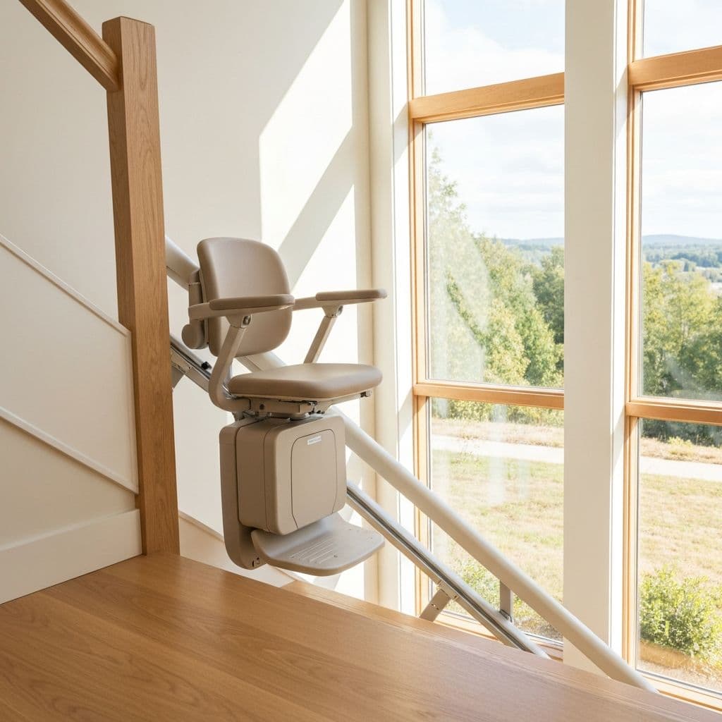Stairlift on wooden stairs with window view